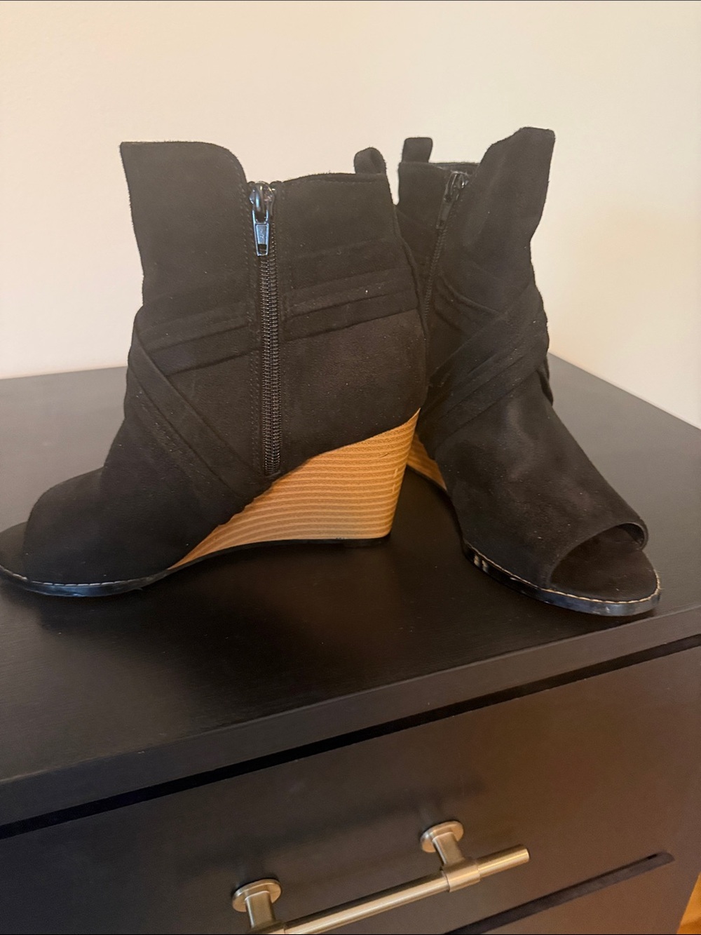 Crown Vintage Black Open-Toe Wedge Ankle Booties